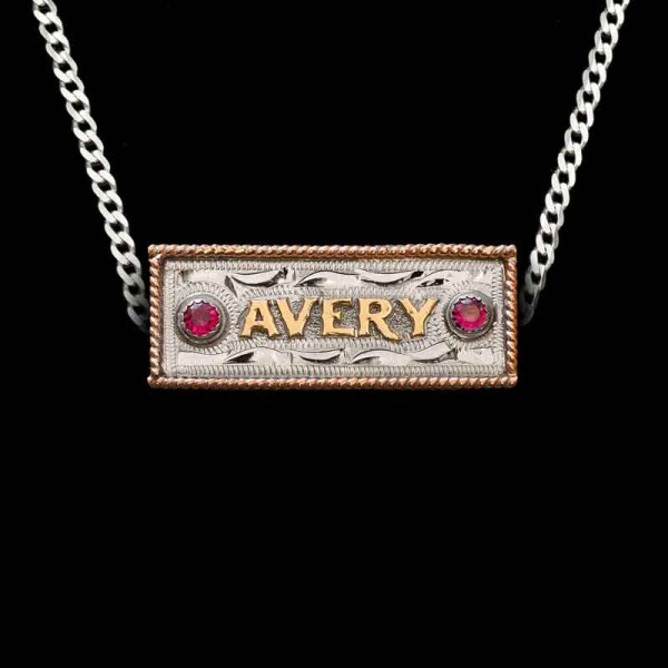 Add your name or a loved one's name to the Custom Name Plate Pendant! Featuring a hand engraved silver plate with bronze rope frame and customizable stone color. Order now!